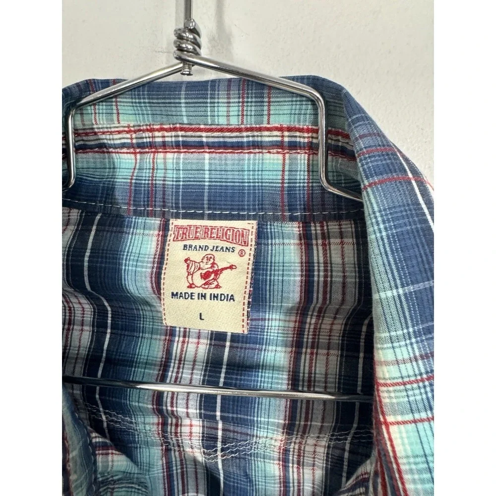True Religion Long Sleeve Blue Plaid Pearl Snap Up Pocket Shirt Men's L Western